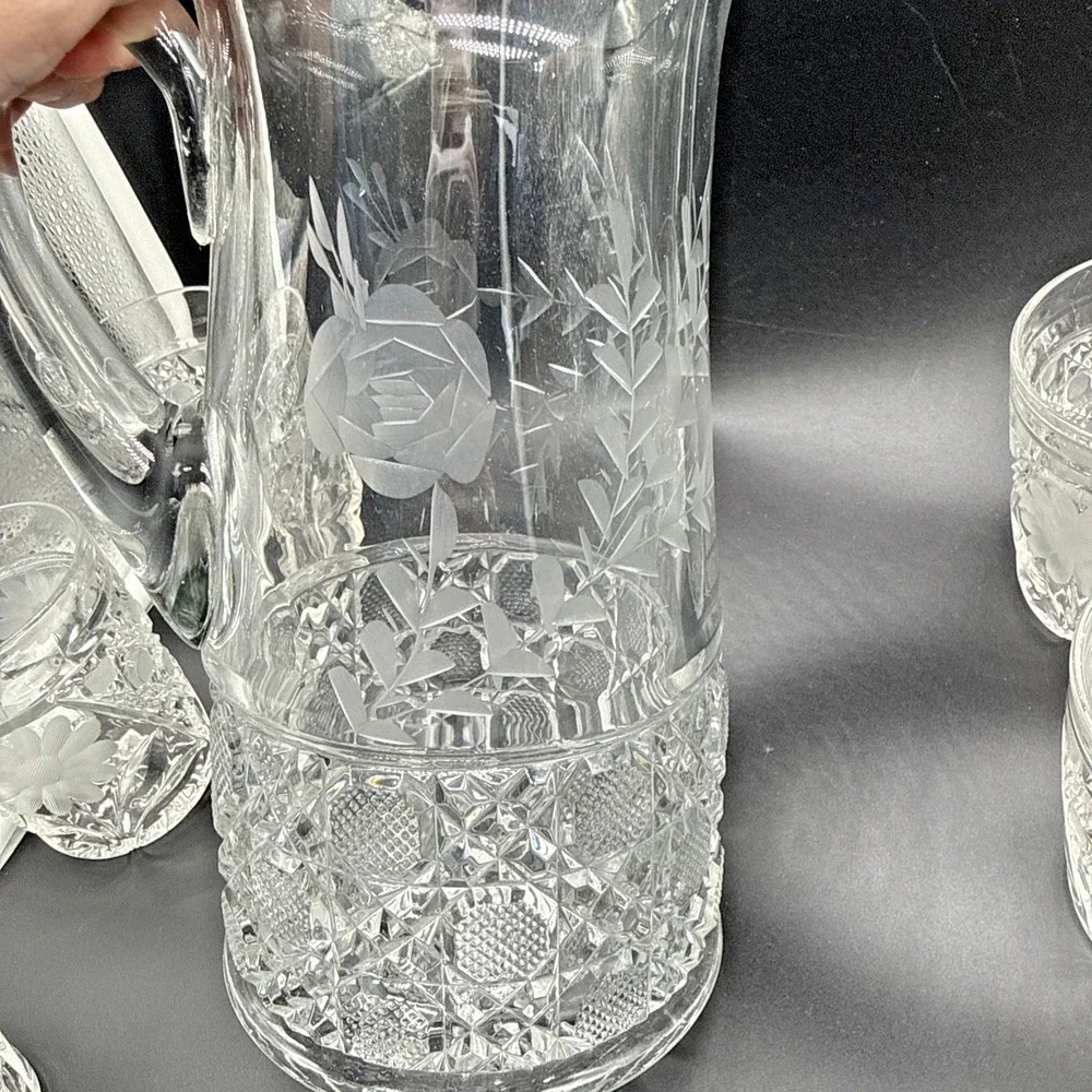 Vintage Etched Rose Cut Glass Pitcher and 6 Matching Floral Tumbler Glasses Set